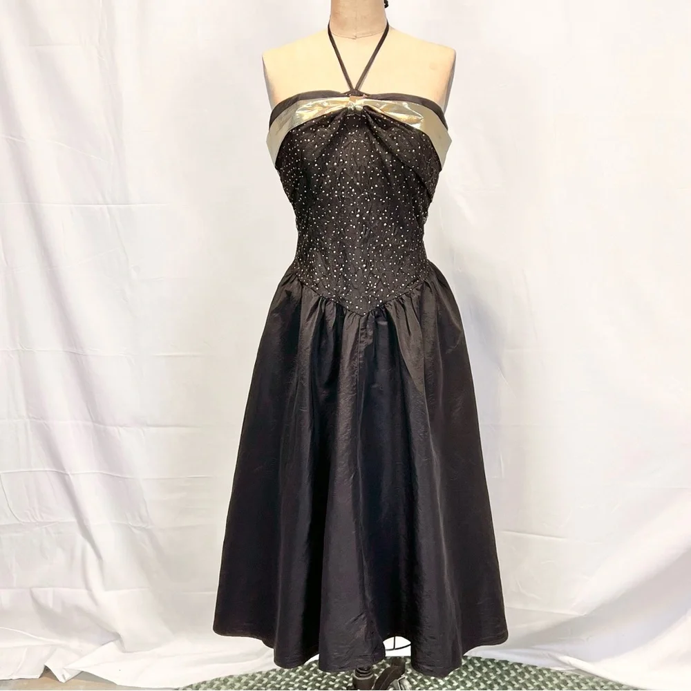 VINTAGE 80s starry night formal prom dress midi strapless halter metallic‎ gold